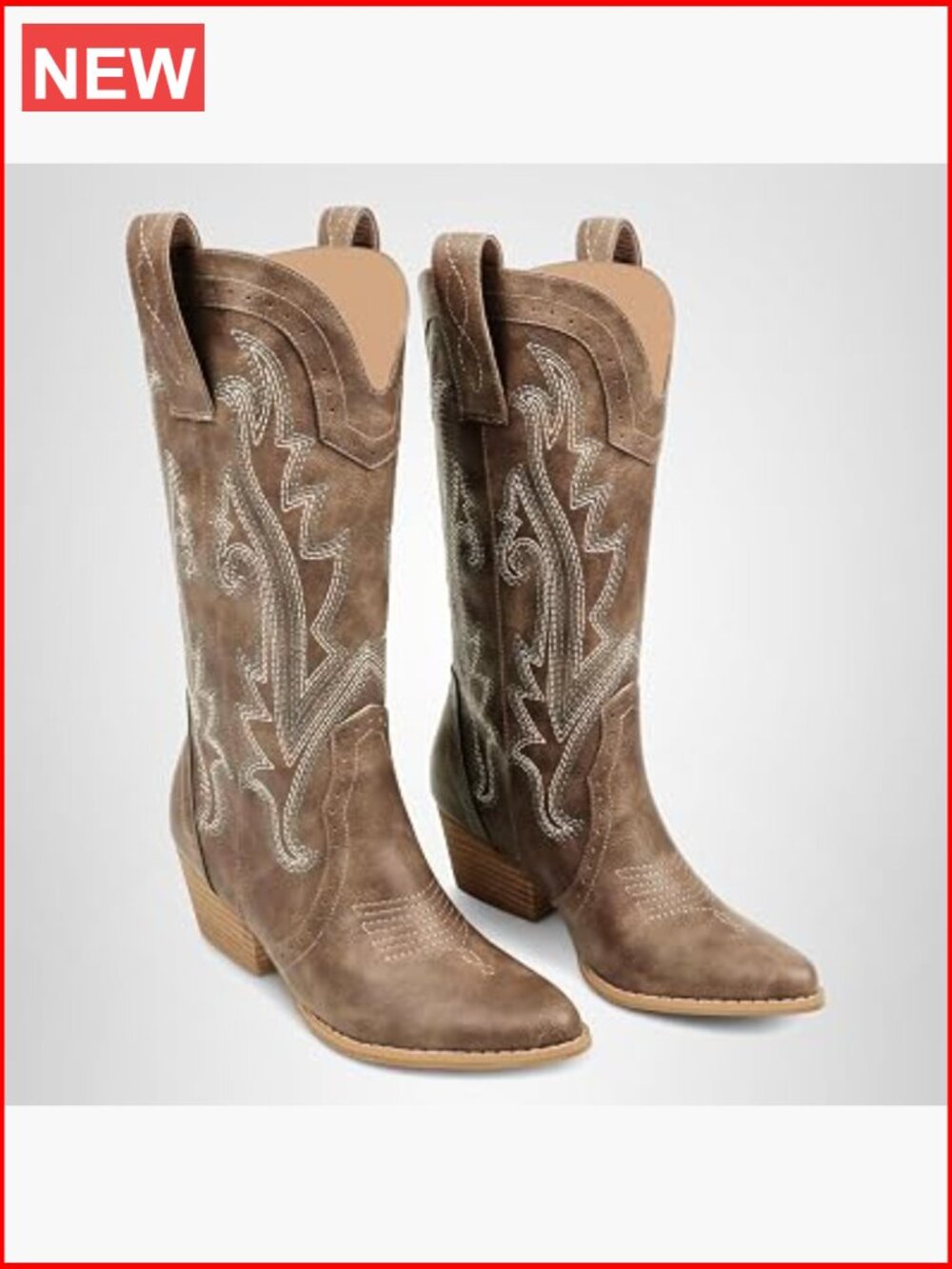 Mid-Calf Cowboy Boots Pointy Toe Western Embroidered Faux Leather Chunky Heels - Picture 1 of 7
